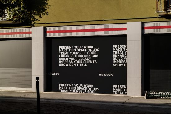 Urban store facade mockup with motivational design slogans for showcasing branding and signage designs, ideal for designers and creative presentations.
