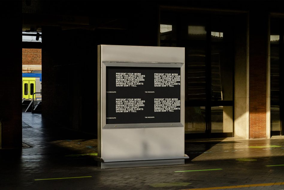 Tall vertical kiosk display at night showing four-panel text layout on black background