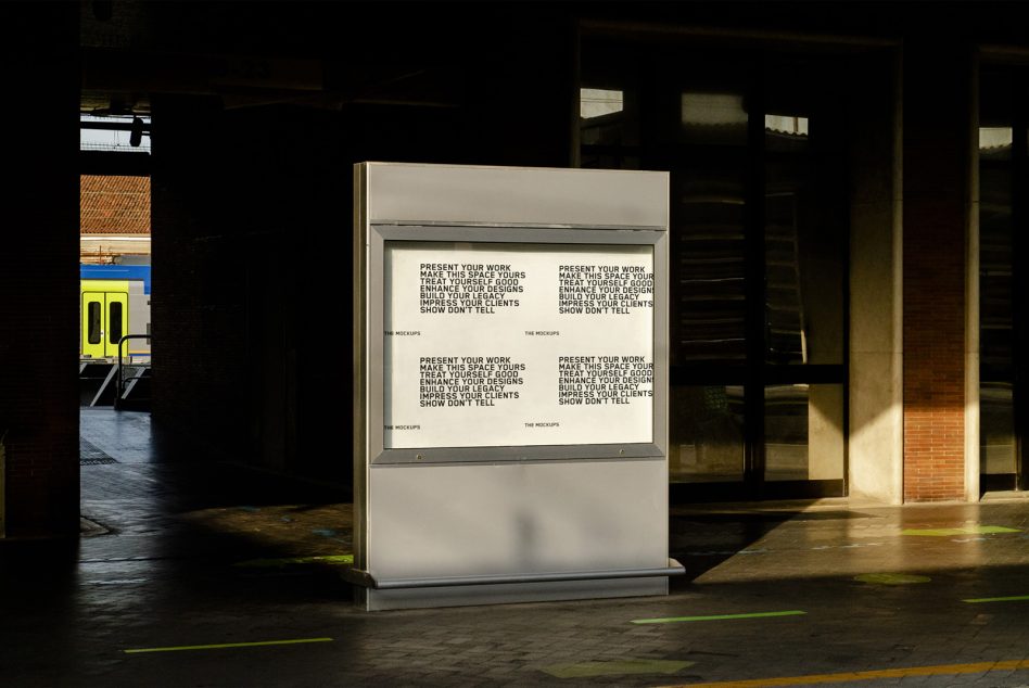 Tall vertical kiosk display at night showing four-panel text layout on light background