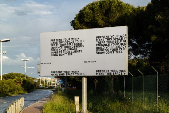 Billboard mockup on roadside with inspirational design slogans, ideal for presenting branding and advertising designs to impress clients.