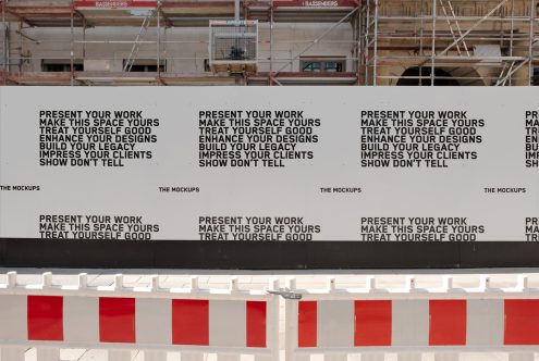 Billboard mockup on a construction site showcasing design slogans, ideal for presenting branding and advertising work to impress clients.