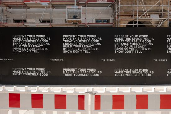 Urban billboard mockups for design presentations, white text on black background, construction scaffolding, realistic city environment.