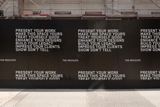 ALT Text: Blackboard with motivational text for designers about presenting work, enhancing designs, and impressing clients seen with scaffolding on top, for mockups category.