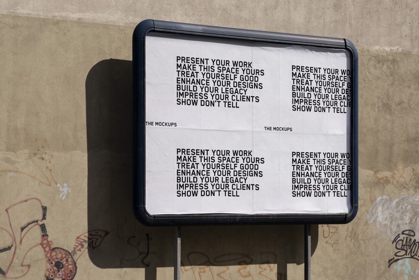 Urban billboard mockup on a concrete wall with graffiti, displaying advertising slogans, ideal for presenting design work and campaigns to clients.