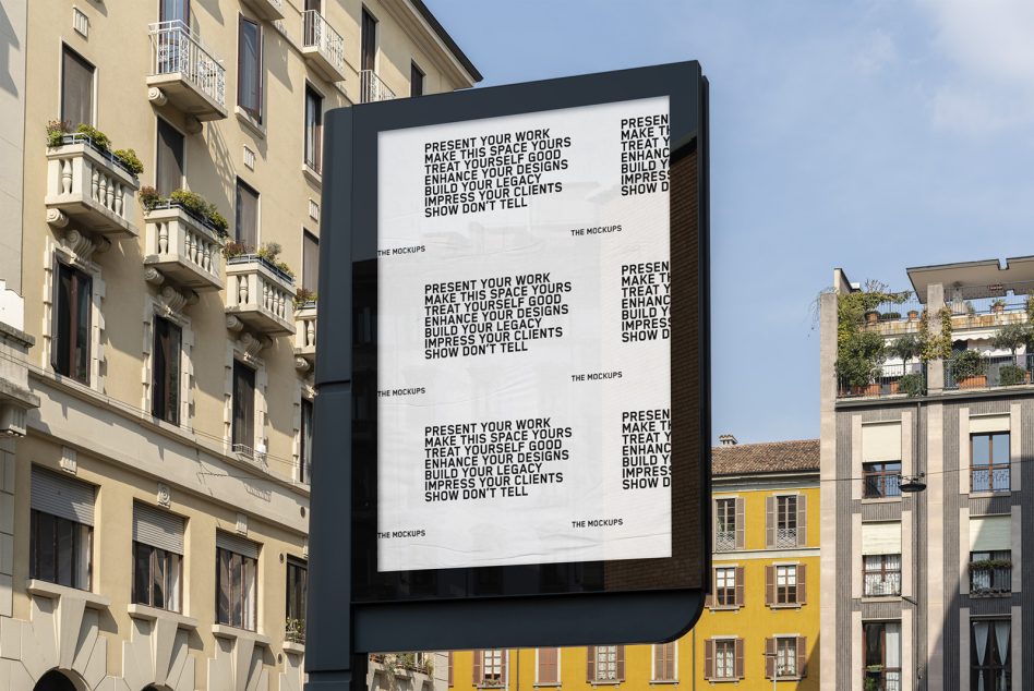 Urban outdoor billboard mockup on a sunny street with apartment buildings, showcasing advertising design space for creative professionals.