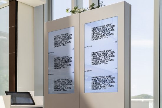 Modern digital poster mockup displays in a bright office setting, ideal for presenting design work and graphics to clients.