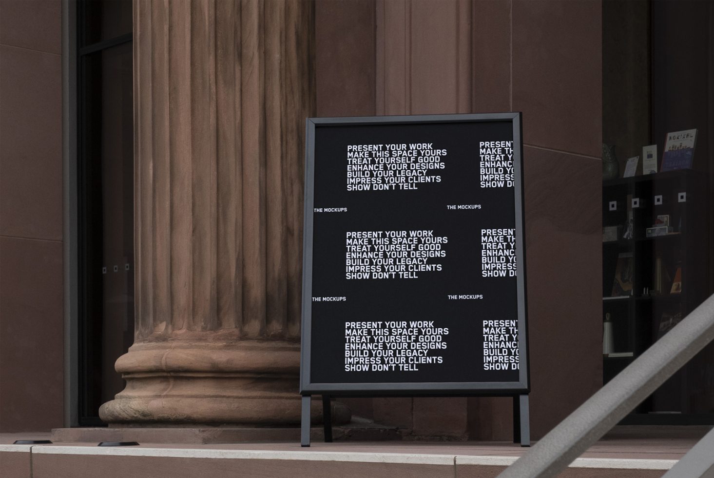 Professional poster mockup display standing outside building, ideal for presentations, advertising design, and portfolio showcase.