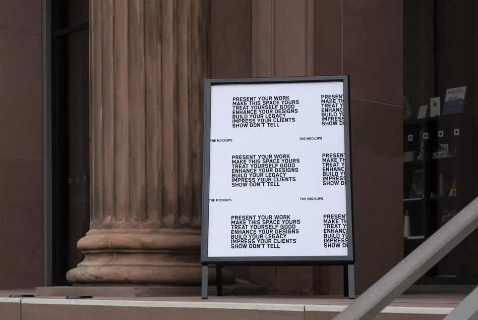 Street sign mockup with four stacked text panels on dark frame in front of classical columns