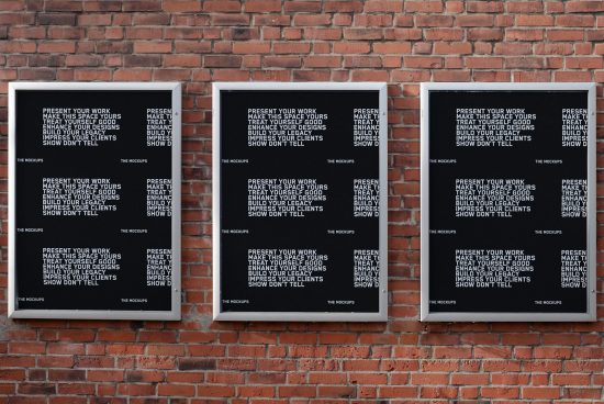 Three framed poster mockups on a brick wall, ideal for presenting designs and graphics in a realistic setting, perfect for enhancing portfolios.