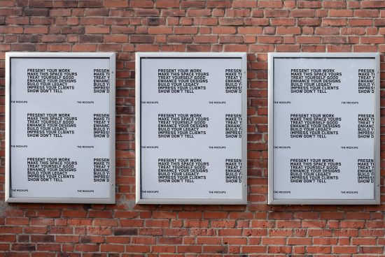 Three poster mockups on a brick wall for showcasing design work, ideal for presentations and portfolios, with clear frames and editable content.