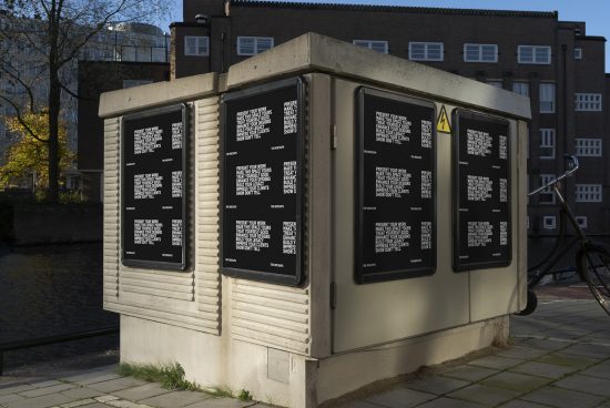 Urban electrical box covered with posters featuring typographic designs next to a canal, ideal for showcasing mockups and fonts in situ.