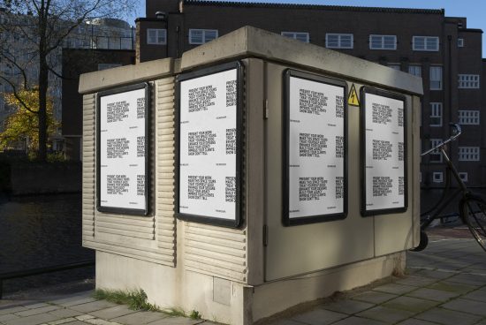 Urban outdoor advertising mockup with multiple posters on kiosk, ideal for presenting graphic designs or marketing campaigns to clients.