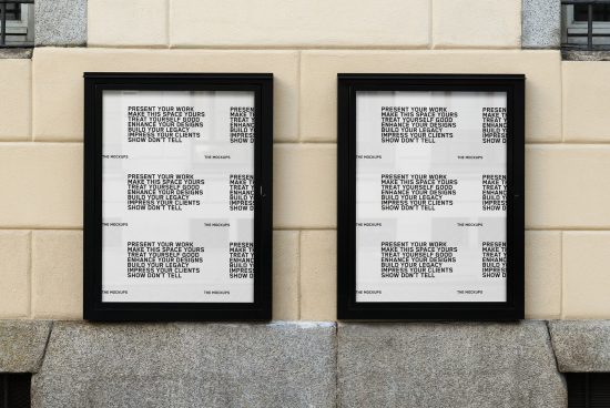 Four black-framed poster mockups on a brick wall, with text graphics, ideal for presenting design work and typographic samples to clients.