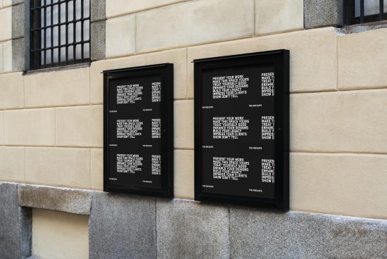 Outdoor poster mockups displayed on a stone wall, ideal for presenting typography or branding designs to enhance design portfolios for designers.