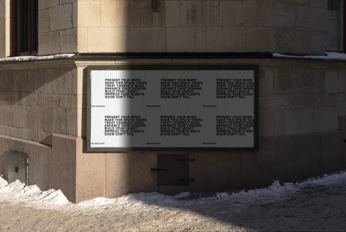 Urban poster mockup on a sunlit wall with snow, perfect for presenting branding and advertising designs to clients. Suitable for design templates.