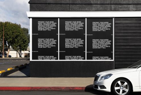 Outdoor billboard mockup in urban environment with luxury car parked on the street, perfect for presenting design work and brand advertising.