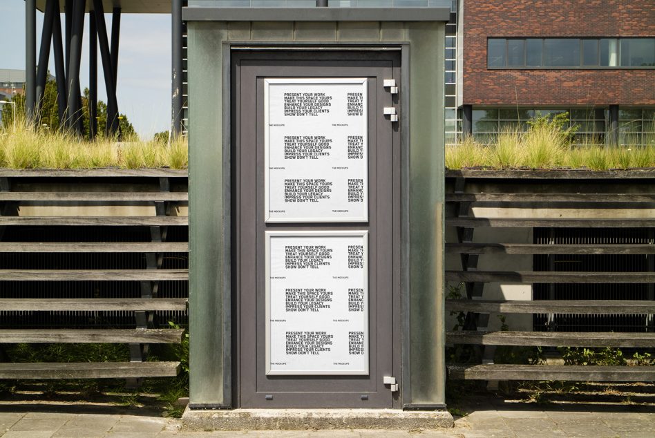 Light poster stacked vertically in modern door frame between metal railings