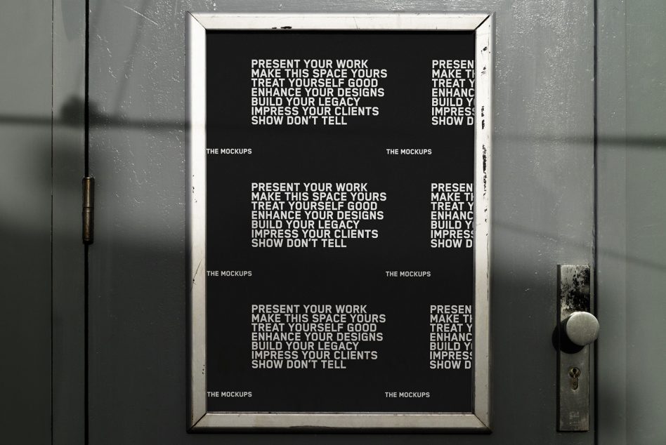 Black framed poster on weathered metal door with industrial wall backdrop