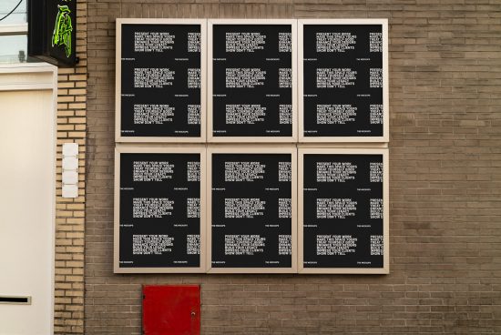 Wall-mounted poster mockup templates displayed on brick facade, perfect for presenting outdoor advertising designs to clients.