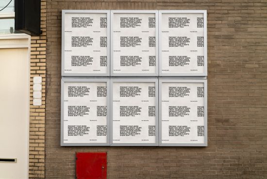 Wall mounted poster mockups display on brick facade, ideal for presenting design projects, outdoor advertising mockups, designer portfolio enhancement.
