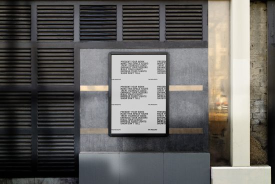 Urban poster mockup on a metallic wall for showcasing design work, includes textured surfaces and ambient lighting for realistic presentation.