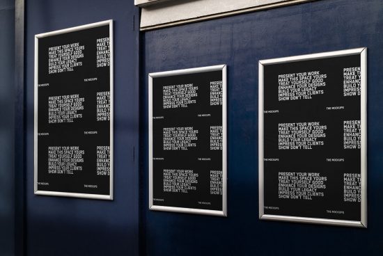 Modern wall frame mockups on dark blue wall for showcasing design work, suitable for graphics and templates presentations.