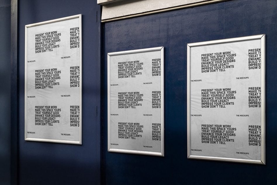 Light poster mockups in silver frames on navy wall with three display options