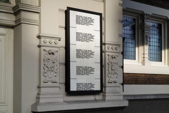 Poster mockup in classic architecture frame for design presentations, displaying vertical graphics, ideal for portfolio enhancements.