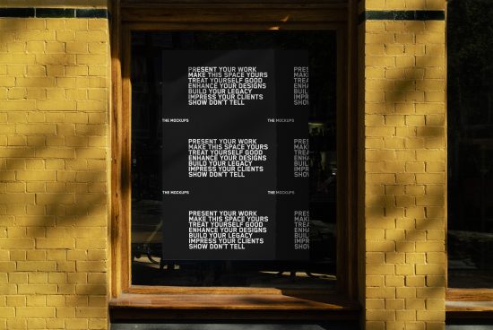 Yellow brick wall with window displaying poster mockups for presentations, design enhancements, and client impressions. Shopfront template.