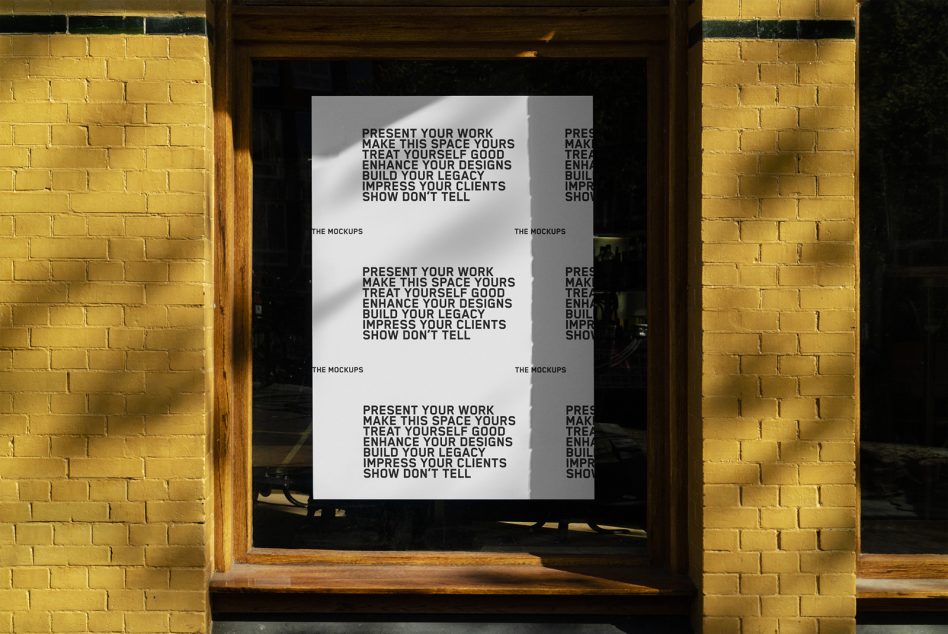 White window display mockup in storefront with mustard yellow brick walls