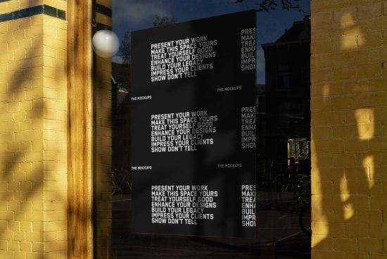 Graphic design poster reflected on window with inspirational phrases, ideal for Mockups category, showcasing text design and lighting effects.