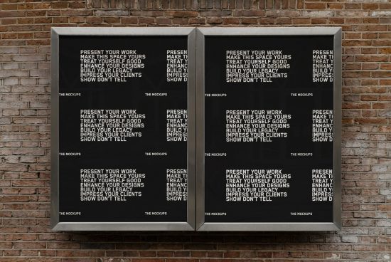 Two vertical poster mockups in a metallic frame against a textured brick wall, ideal for presenting designs or graphics in a realistic setting.