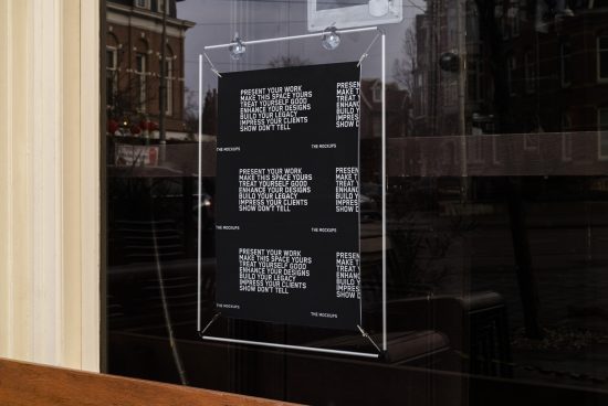 Clear window poster mockup with reflections for showcasing design work, suitable for graphic presentations and typography templates.