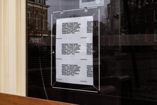 Poster mockup hanging in a window display for design presentations, urban setting, clear typography, ideal for designers' portfolios.