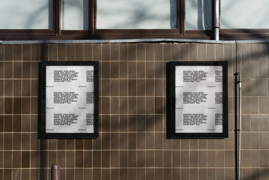 Poster mockup frames on a tiled wall, urban setting with window reflections, for showcasing design work and graphics.