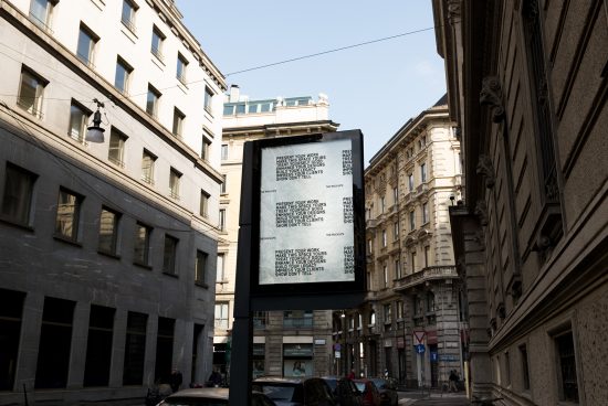 Urban street view with billboard mockup featuring editable design spaces for showcasing graphics and advertising, amid architectural surroundings.