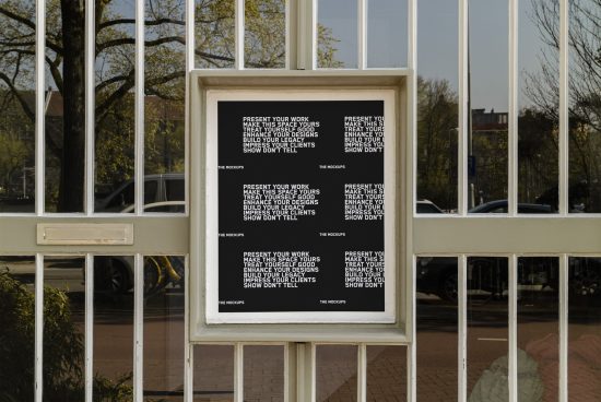 Poster mockup in a frame displayed on an urban glass window for showcasing design projects, ideal for presentations to impress clients.