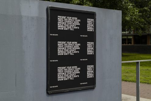 Outdoor poster mockup on a metal stand with inspirational design phrases, perfect for showcasing advertising projects and graphic designs.