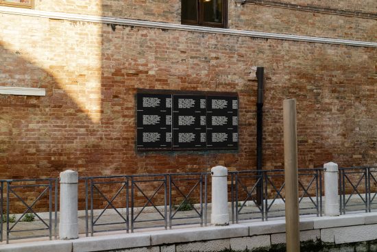 Outdoor wall with QR code posters mockup against a brick background with shadows, ideal for presenting designs or templates.
