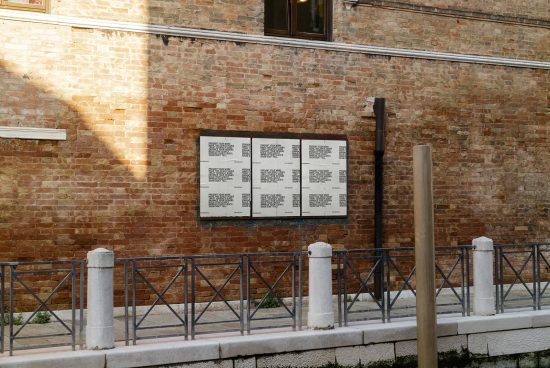 Texture brick wall with signage mockup for design display, shadow play on surface, outdoor urban setting for realistic template presentation.