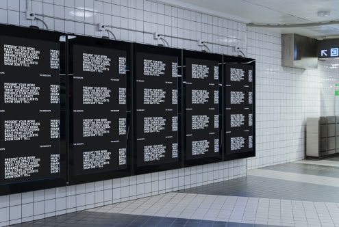 Subway station mockup posters hanging for design presentation, showcasing work in a realistic urban environment, ideal for graphic designers.