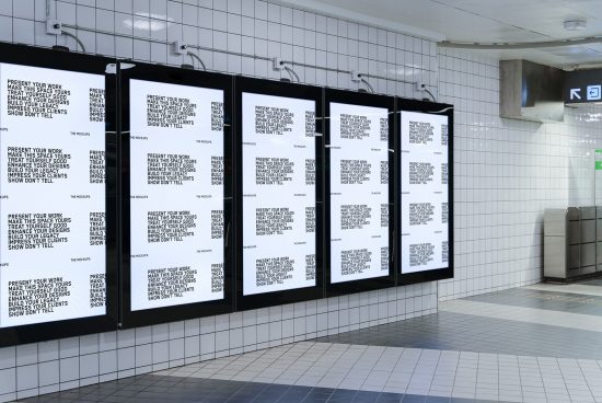 Subway station mockup showing posters in frames, ideal for presenting advertisements or graphic design work, perfect for portfolio display.