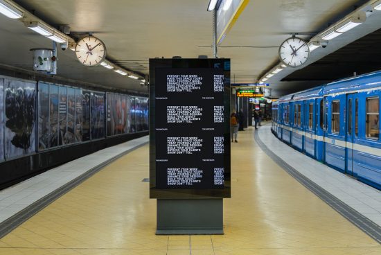 Digital billboard mockup in subway station with train and passengers, ideal for presenting advertisements and designs. Perfect for graphic assets.
