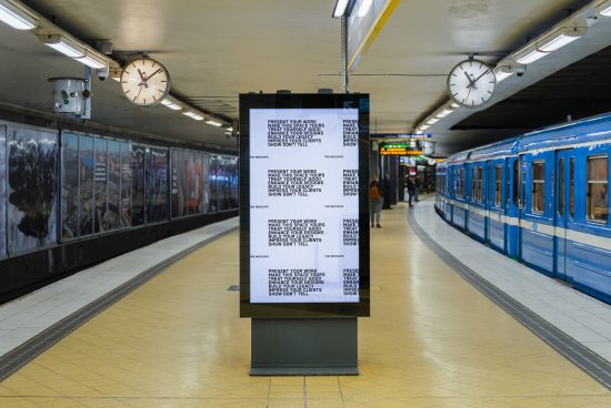 Digital poster mockup in subway station setting with blue train and platform, ideal for ads and graphic design display.