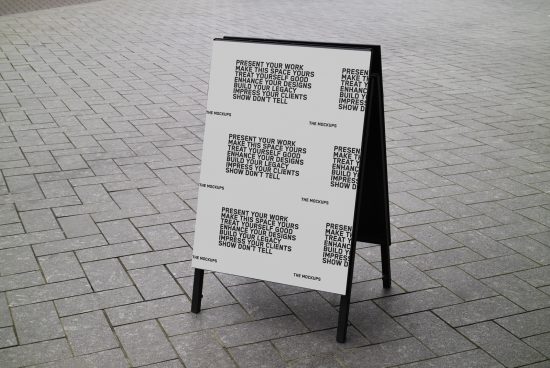 Outdoor advertising A-board mockup on paved surface, presenting text design, suitable for showcasing marketing materials and graphic designs.
