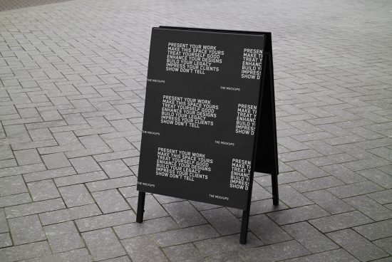 Outdoor advertising A-board mockup on a textured pavement showcasing multiple design presentations, suitable for graphic designers.