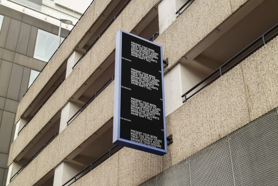 Vertical outdoor banner mockup hanging on a building exterior with text and QR codes, perfect for designers to showcase advertising designs.