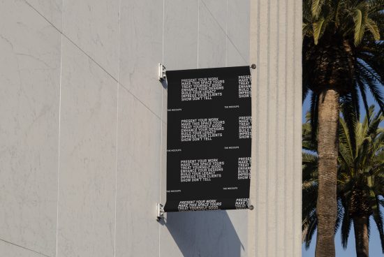 Outdoor advertising mockup on building wall with palm tree beside, showcasing design portfolio, modern and professional presentation for graphic designers.