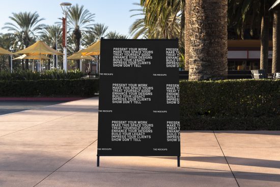 Outdoor billboard mockup in a sunny environment with palm trees, ideal for presenting advertising and branding designs to clients.