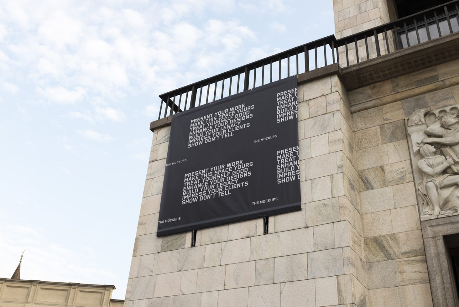 Large outdoor banner mockup on a classic building wall for designers to showcase branding and advertising designs in a professional, realistic setting.